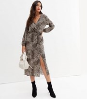 New Look Brown Leopard Print Split Hem Long Sleeve Midi Wrap Dress